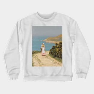 Girl On A Coastal Path by Edmund Leighton Crewneck Sweatshirt